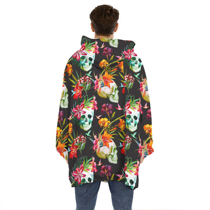 Blossom Flowers Skull Pattern Print Hoodie Blanket
