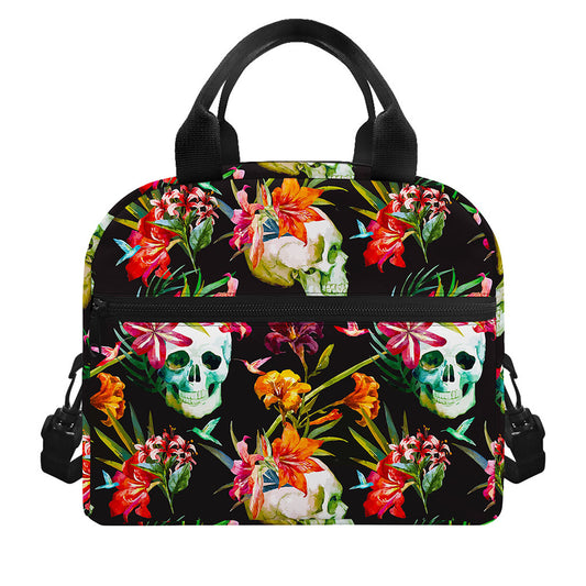 Blossom Flowers Skull Pattern Print Insulated Lunch Bag