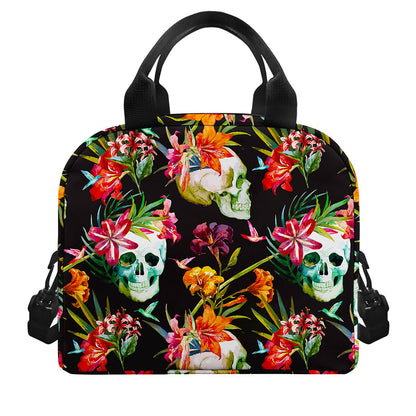 Blossom Flowers Skull Pattern Print Insulated Lunch Bag