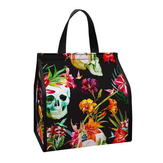 Blossom Flowers Skull Pattern Print Insulated Lunch Tote