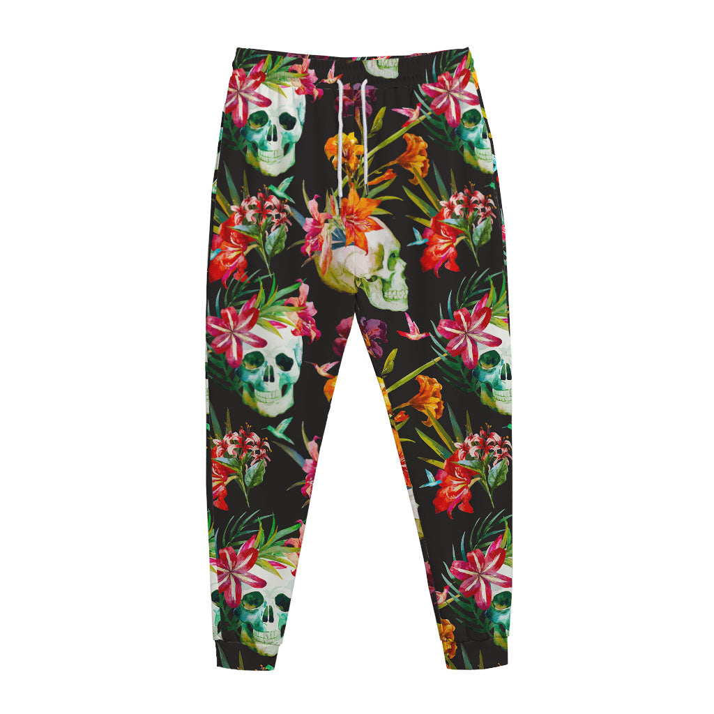 Blossom Flowers Skull Pattern Print Jogger Pants