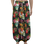 Blossom Flowers Skull Pattern Print Lantern Pants
