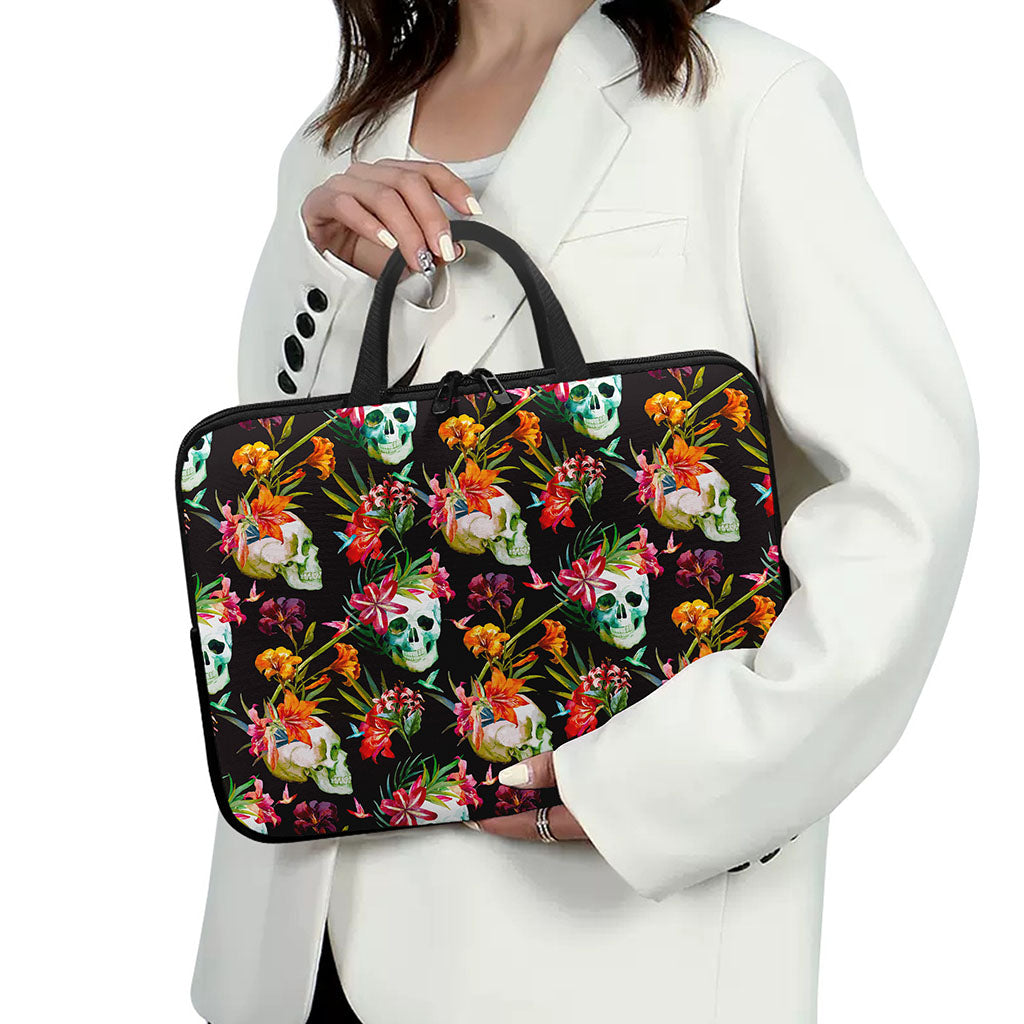 Blossom Flowers Skull Pattern Print Laptop Sleeve With Handle