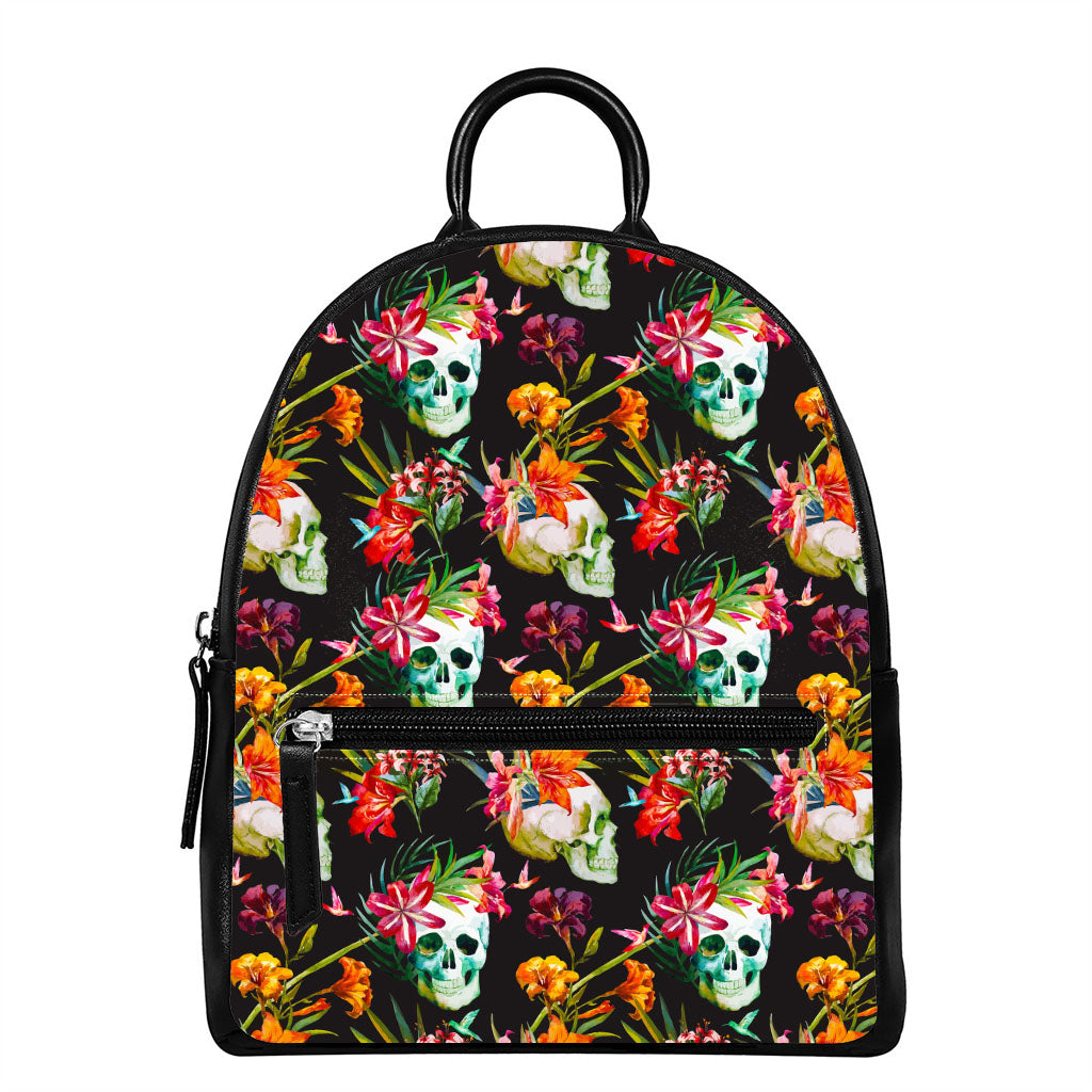Blossom Flowers Skull Pattern Print Leather Backpack