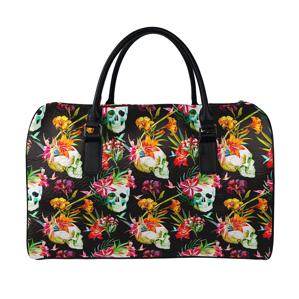 Blossom Flowers Skull Pattern Print Leather Duffle Bag