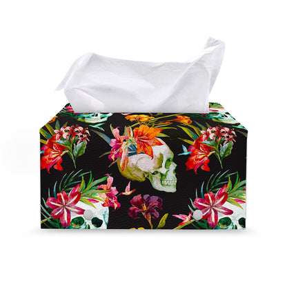 Blossom Flowers Skull Pattern Print Leather Tissue Box Cover