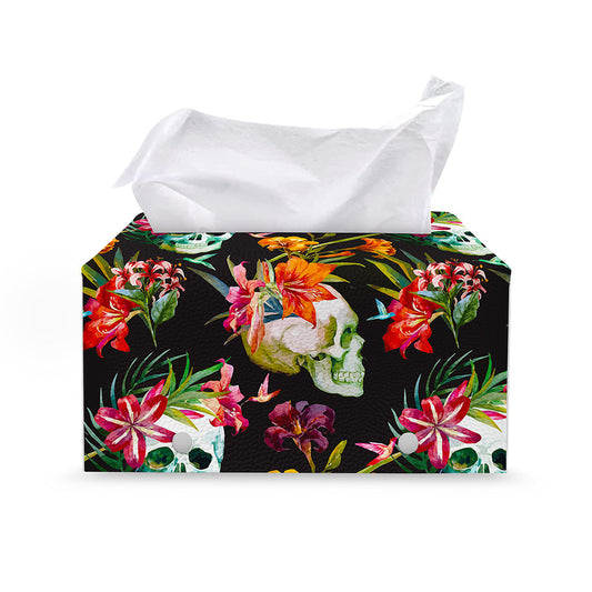 Blossom Flowers Skull Pattern Print Leather Tissue Box Cover