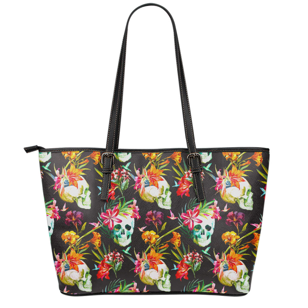 Blossom Flowers Skull Pattern Print Leather Tote Bag