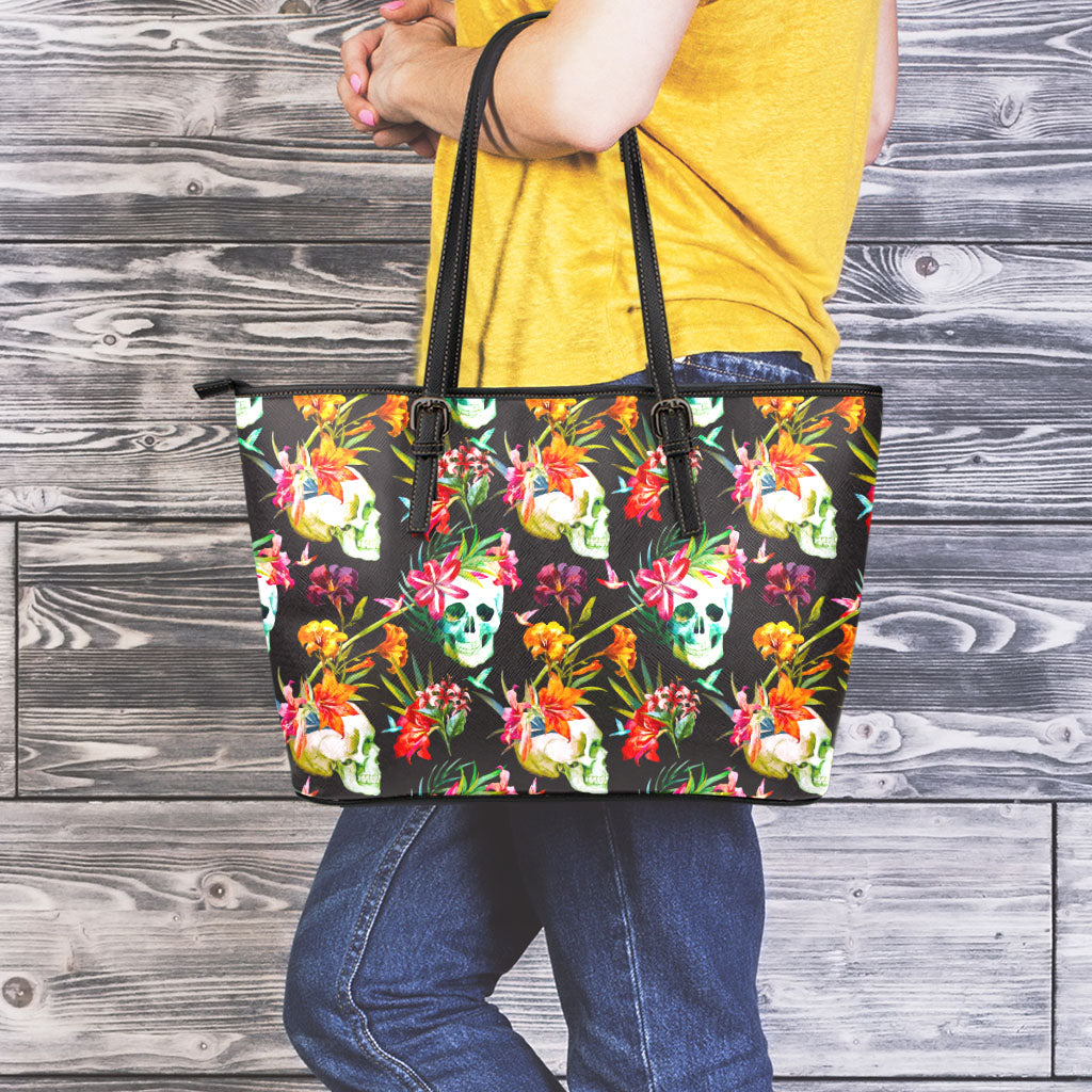 Blossom Flowers Skull Pattern Print Leather Tote Bag
