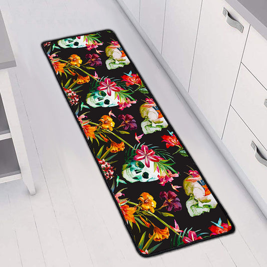 Blossom Flowers Skull Pattern Print Long Kitchen Mat