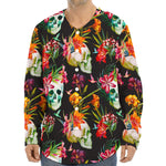 Blossom Flowers Skull Pattern Print Long Sleeve Baseball Jersey