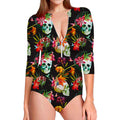 Blossom Flowers Skull Pattern Print Long Sleeve Swimsuit