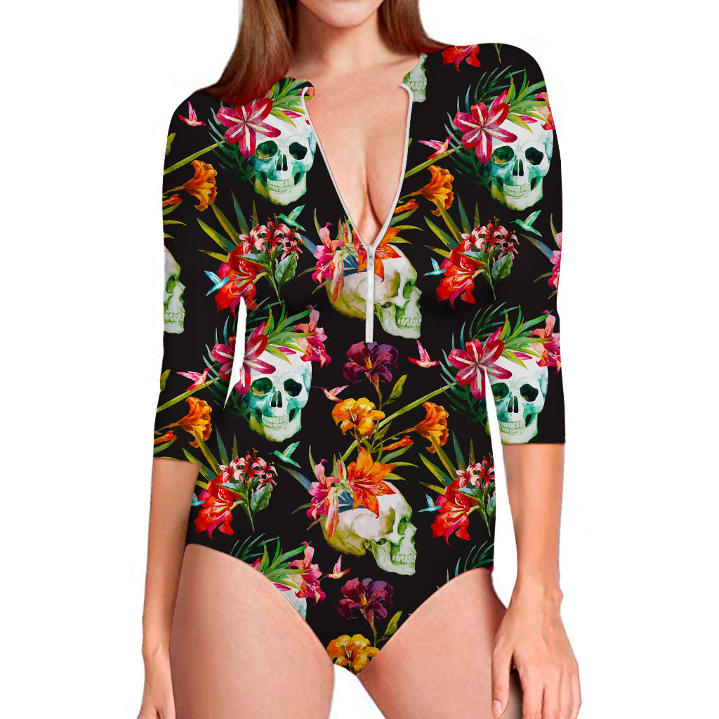 Blossom Flowers Skull Pattern Print Long Sleeve Swimsuit