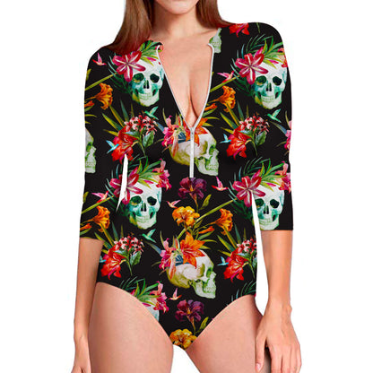Blossom Flowers Skull Pattern Print Long Sleeve Swimsuit