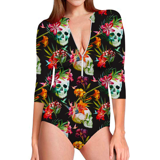 Blossom Flowers Skull Pattern Print Long Sleeve Swimsuit