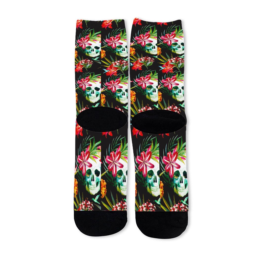 Blossom Flowers Skull Pattern Print Long Socks