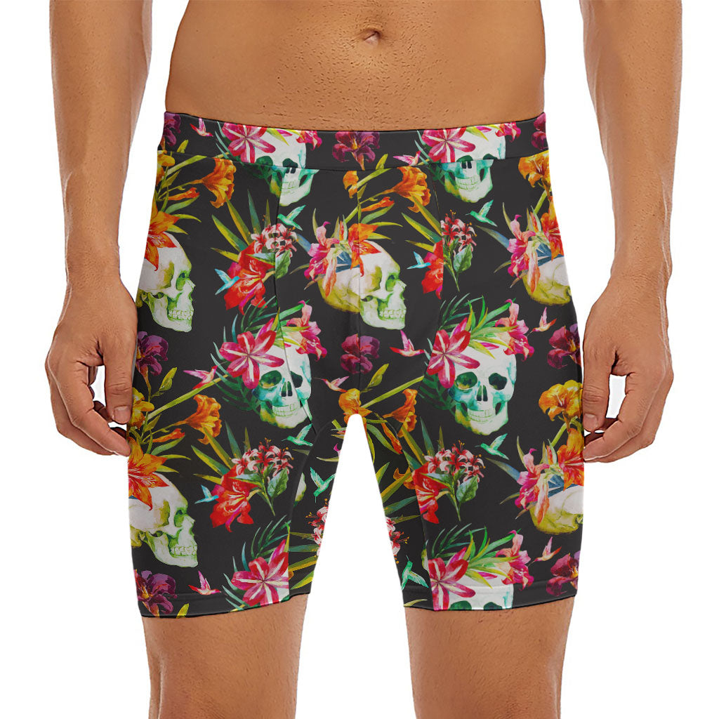 Blossom Flowers Skull Pattern Print Men's Long Boxer Briefs