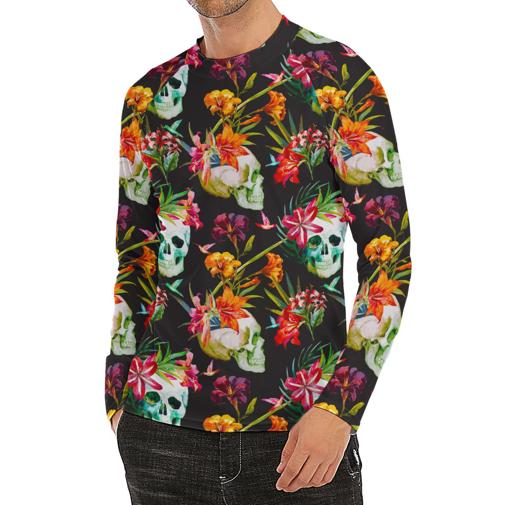 Blossom Flowers Skull Pattern Print Men's Long Sleeve Rash Guard