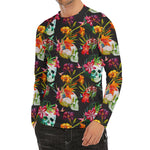 Blossom Flowers Skull Pattern Print Men's Long Sleeve Rash Guard