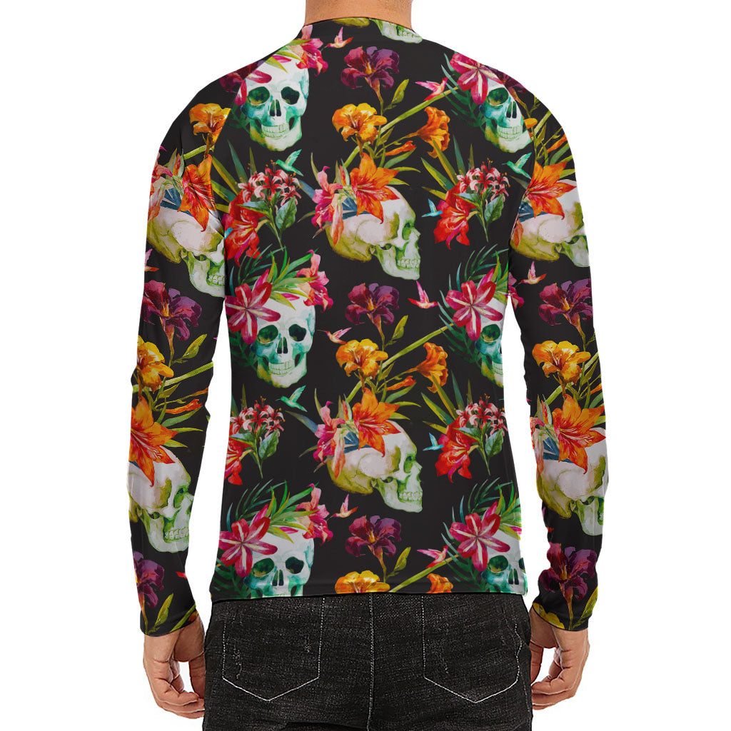 Blossom Flowers Skull Pattern Print Men's Long Sleeve Rash Guard