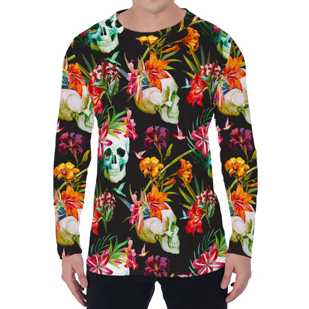 Blossom Flowers Skull Pattern Print Men's Long Sleeve T-Shirt