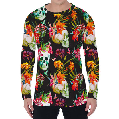 Blossom Flowers Skull Pattern Print Men's Long Sleeve T-Shirt
