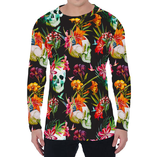Blossom Flowers Skull Pattern Print Men's Long Sleeve T-Shirt