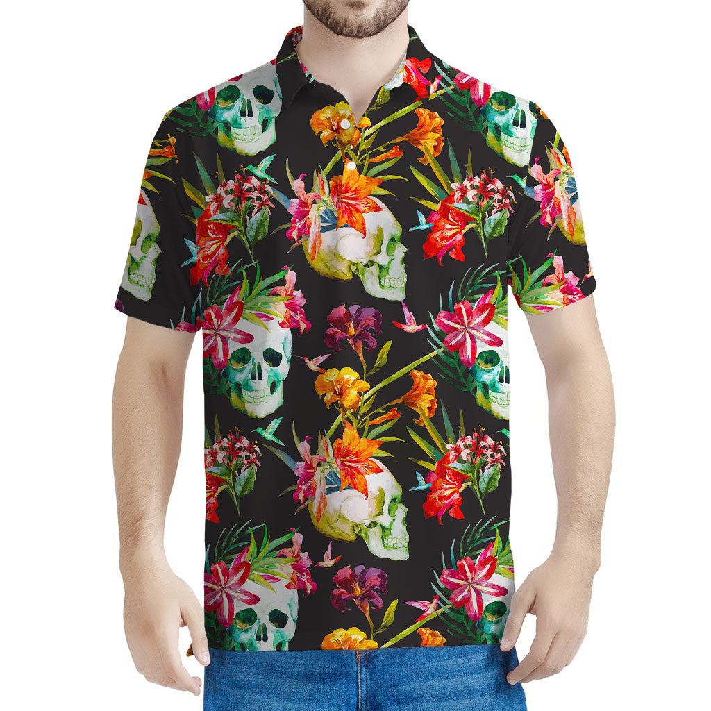 Blossom Flowers Skull Pattern Print Men's Polo Shirt
