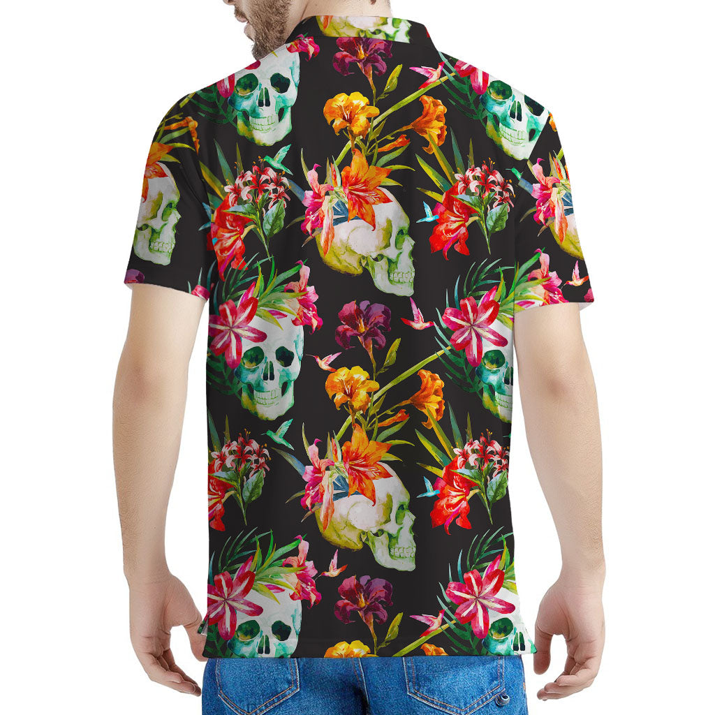 Blossom Flowers Skull Pattern Print Men's Polo Shirt