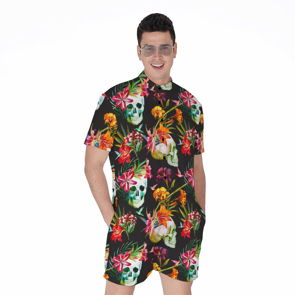 Blossom Flowers Skull Pattern Print Men's Rompers