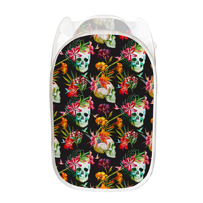 Blossom Flowers Skull Pattern Print Mesh Laundry Hamper