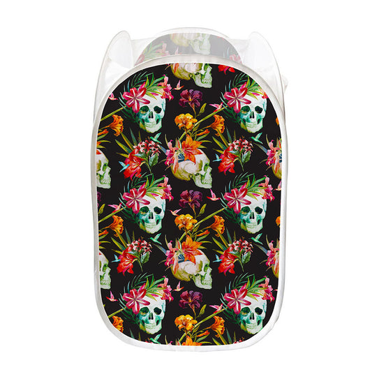 Blossom Flowers Skull Pattern Print Mesh Laundry Hamper