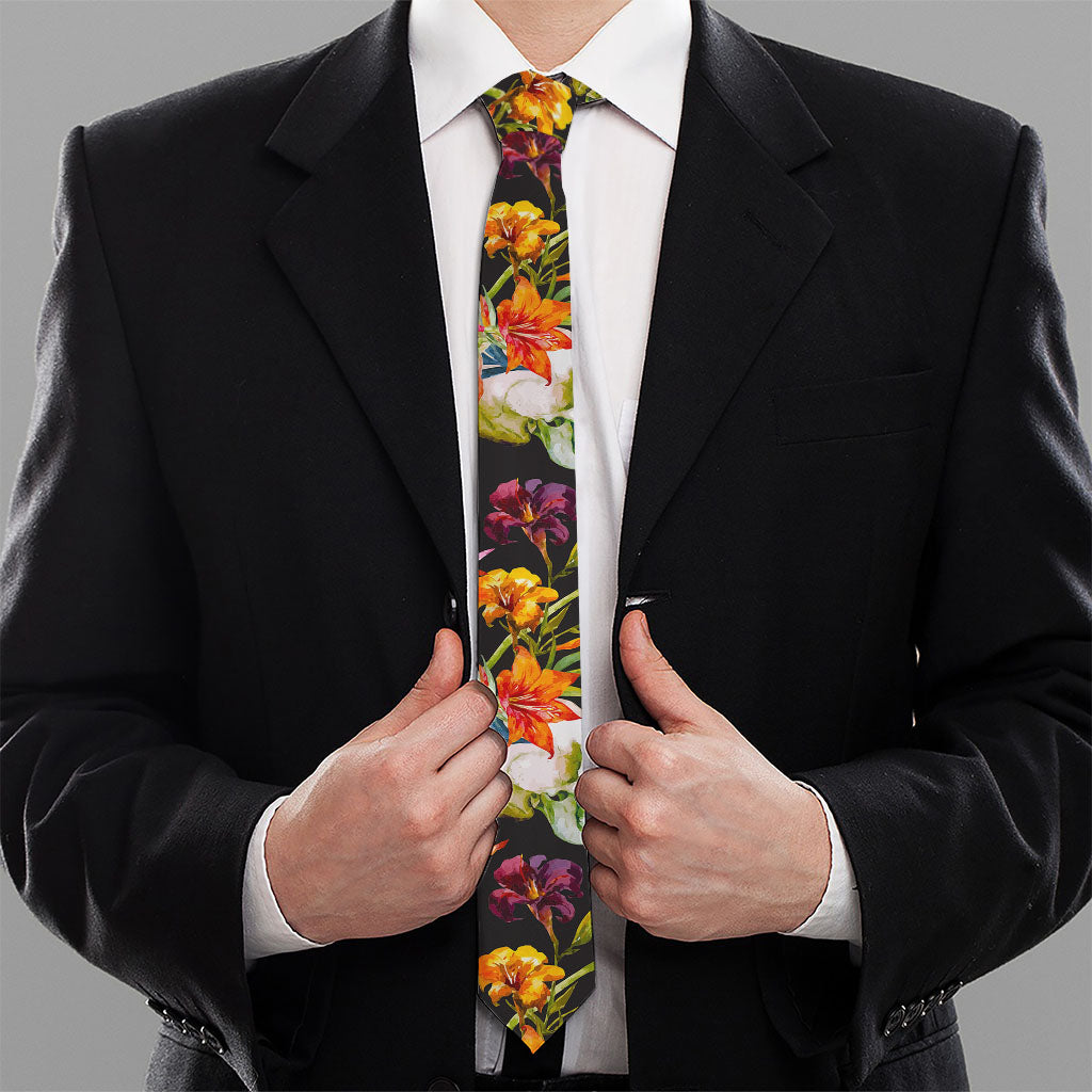Blossom Flowers Skull Pattern Print Necktie