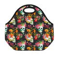 Blossom Flowers Skull Pattern Print Neoprene Lunch Bag