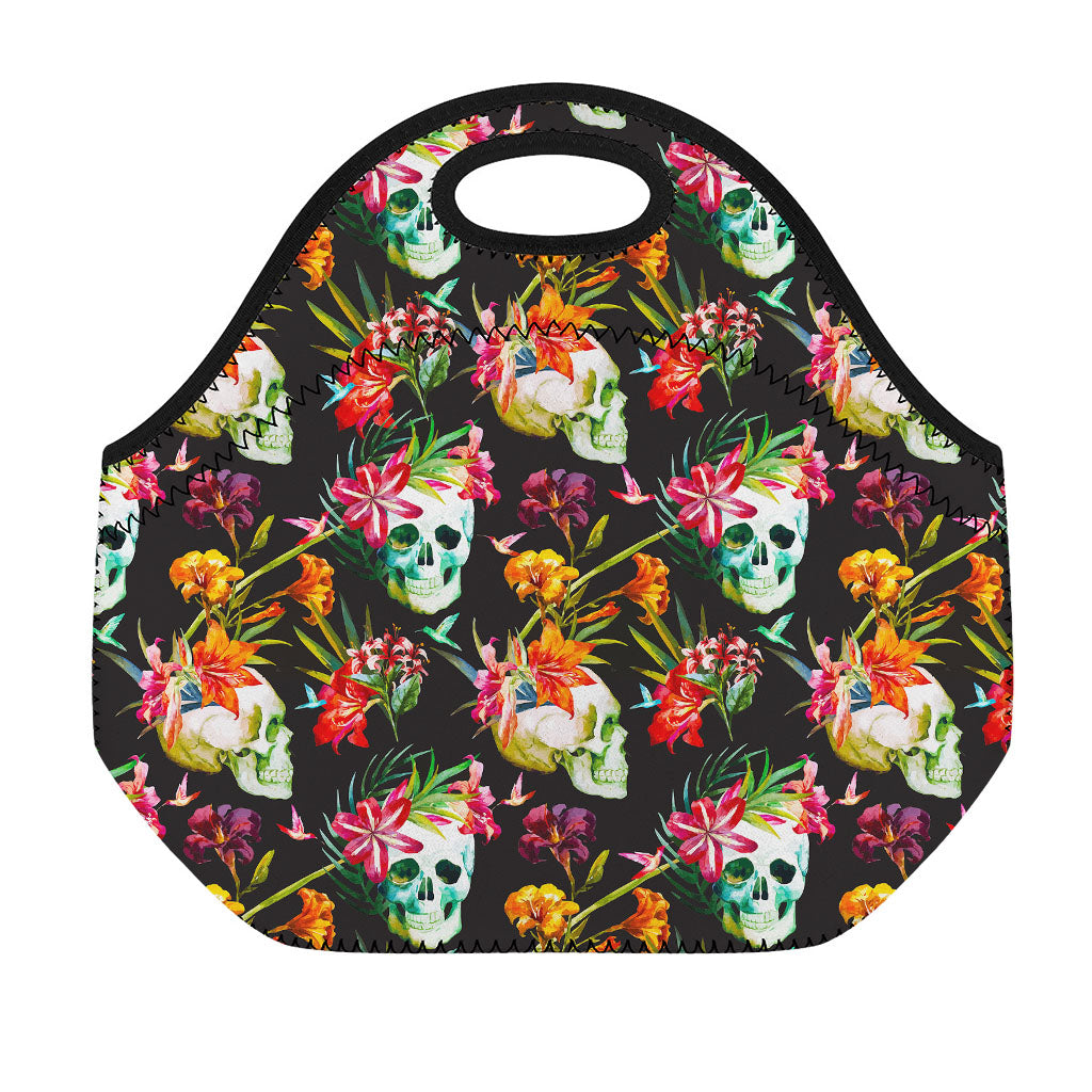 Blossom Flowers Skull Pattern Print Neoprene Lunch Bag