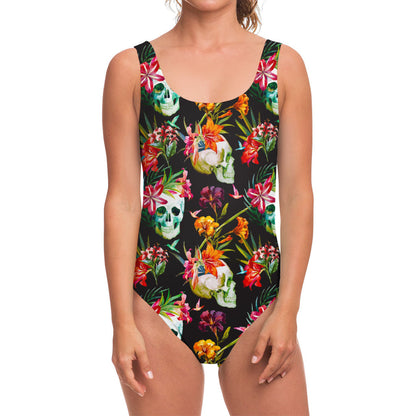 Blossom Flowers Skull Pattern Print One Piece Swimsuit