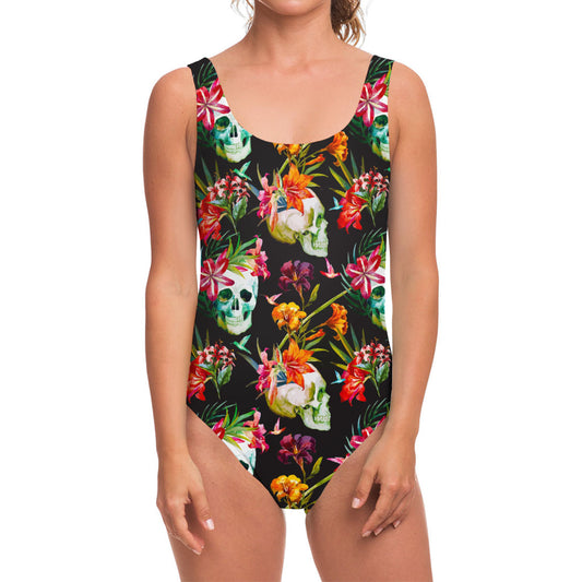 Blossom Flowers Skull Pattern Print One Piece Swimsuit