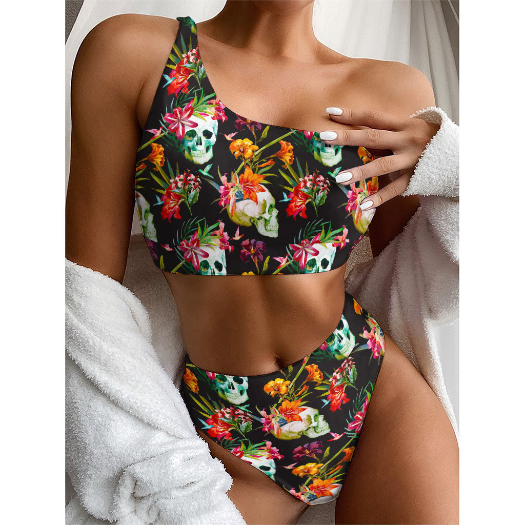 Blossom Flowers Skull Pattern Print One Shoulder Bikini Top