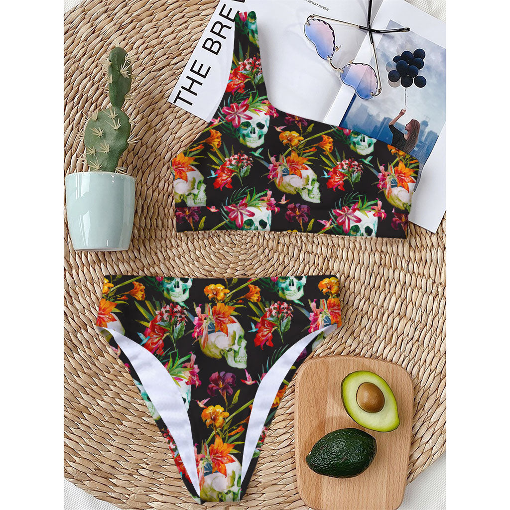 Blossom Flowers Skull Pattern Print One Shoulder Bikini Top