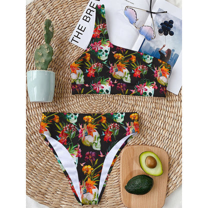 Blossom Flowers Skull Pattern Print One Shoulder Bikini Top