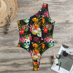 Blossom Flowers Skull Pattern Print One Shoulder Bodysuit