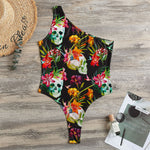 Blossom Flowers Skull Pattern Print One Shoulder Bodysuit