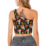 Blossom Flowers Skull Pattern Print One Shoulder Crop Top