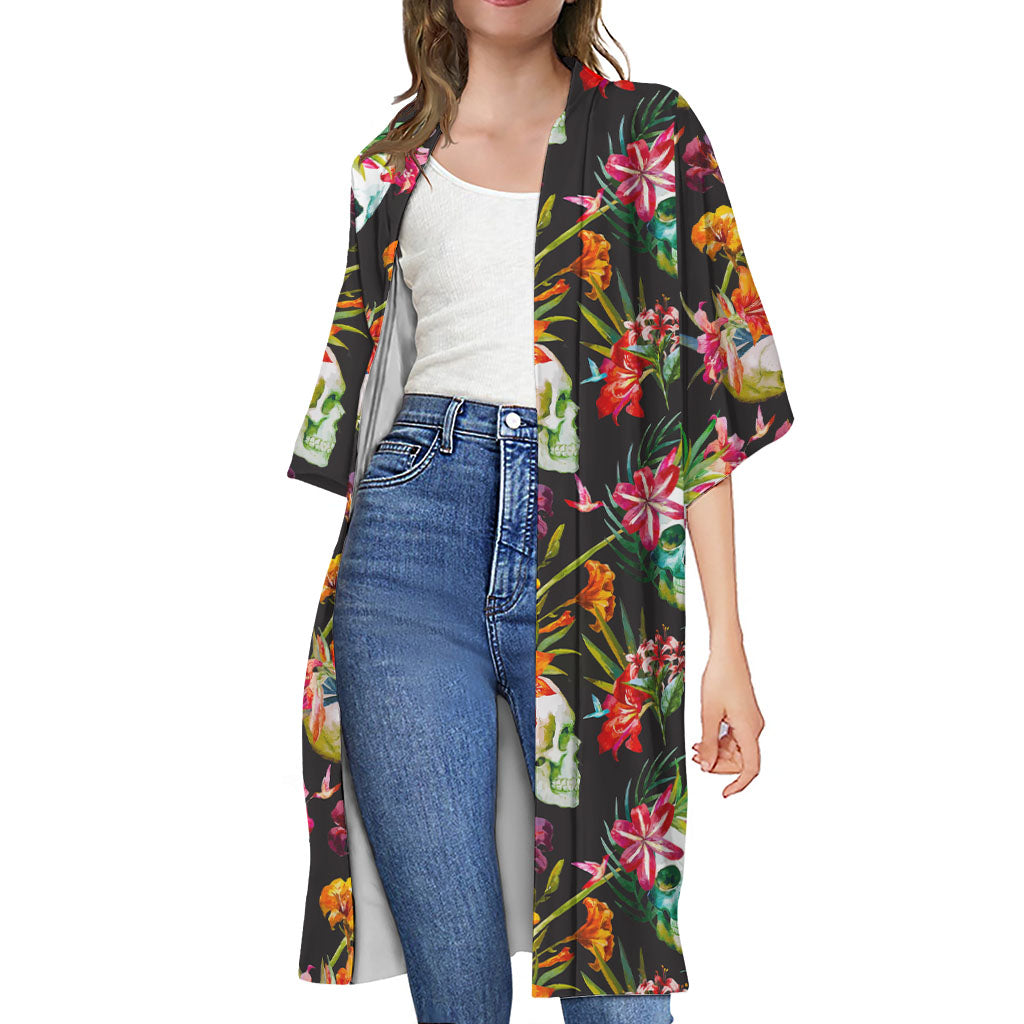 Blossom Flowers Skull Pattern Print Open Front Beach Cover Up