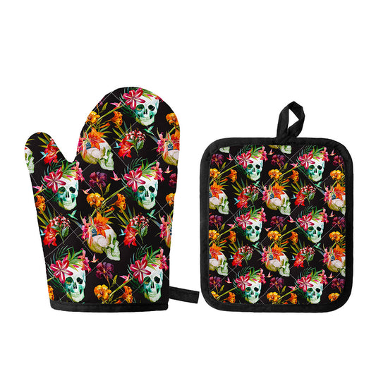 Blossom Flowers Skull Pattern Print Oven Mitt And Pot Holder Set