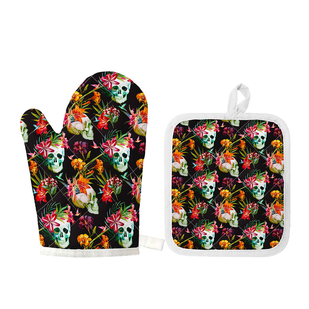 Blossom Flowers Skull Pattern Print Oven Mitt And Pot Holder Set