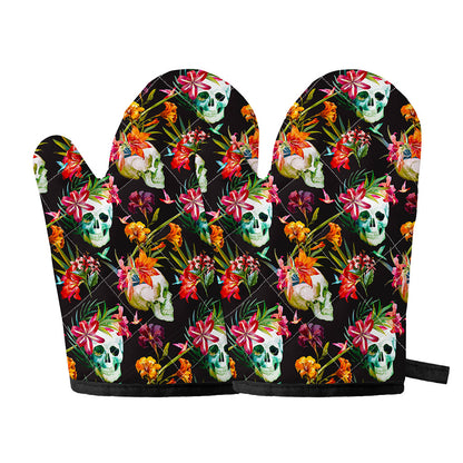 Blossom Flowers Skull Pattern Print Oven Mitts