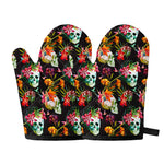 Blossom Flowers Skull Pattern Print Oven Mitts