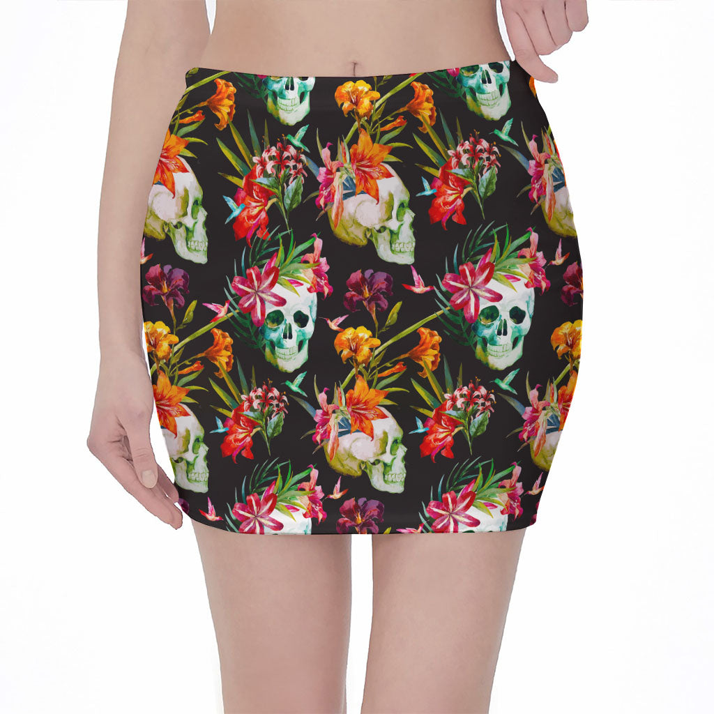 Blossom Flowers Skull Pattern Print Pencil Mini Skirt