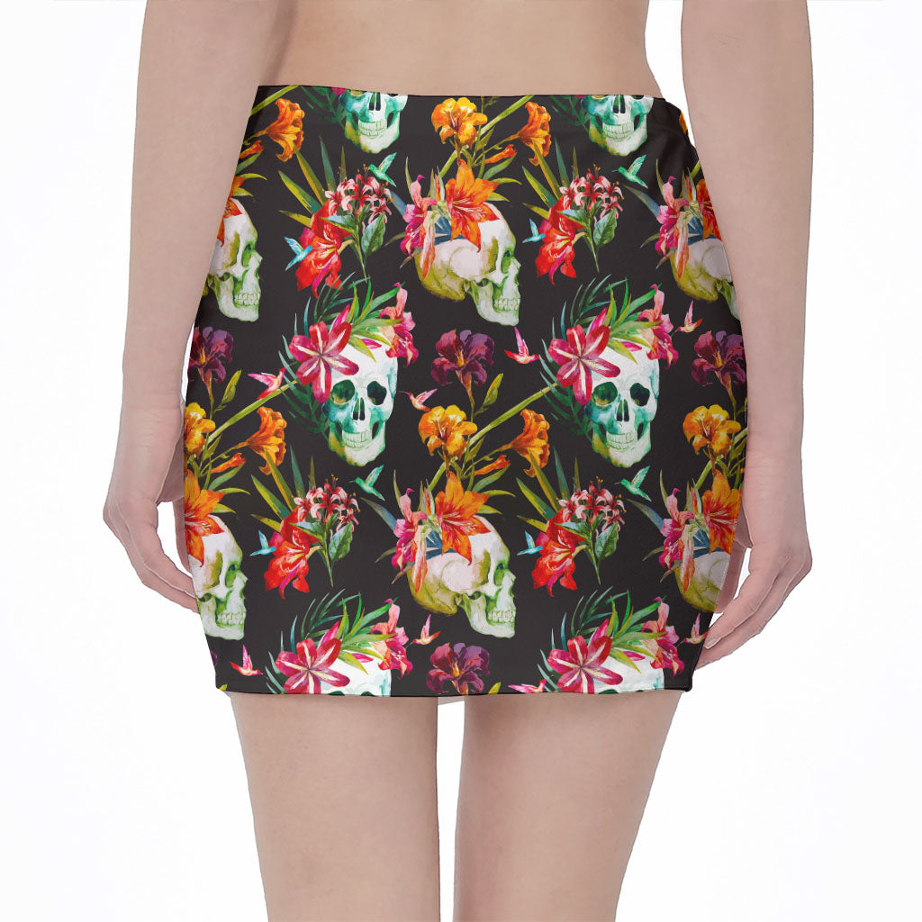 Blossom Flowers Skull Pattern Print Pencil Mini Skirt